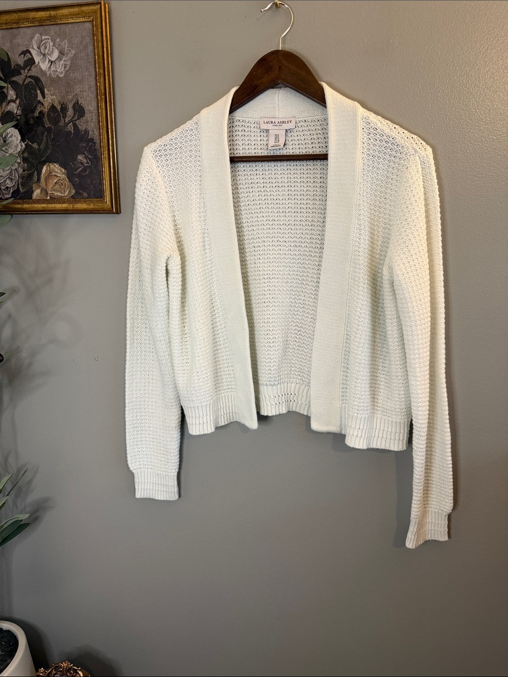 Laura Ashley White Cropped Open Front Knit Cardigan Sweater Women’s US 8 - Picture 4 of 7